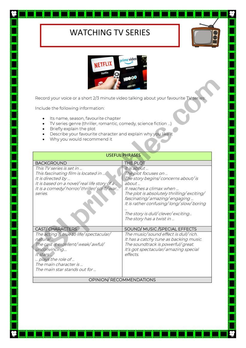 Recommend a TV Series worksheet