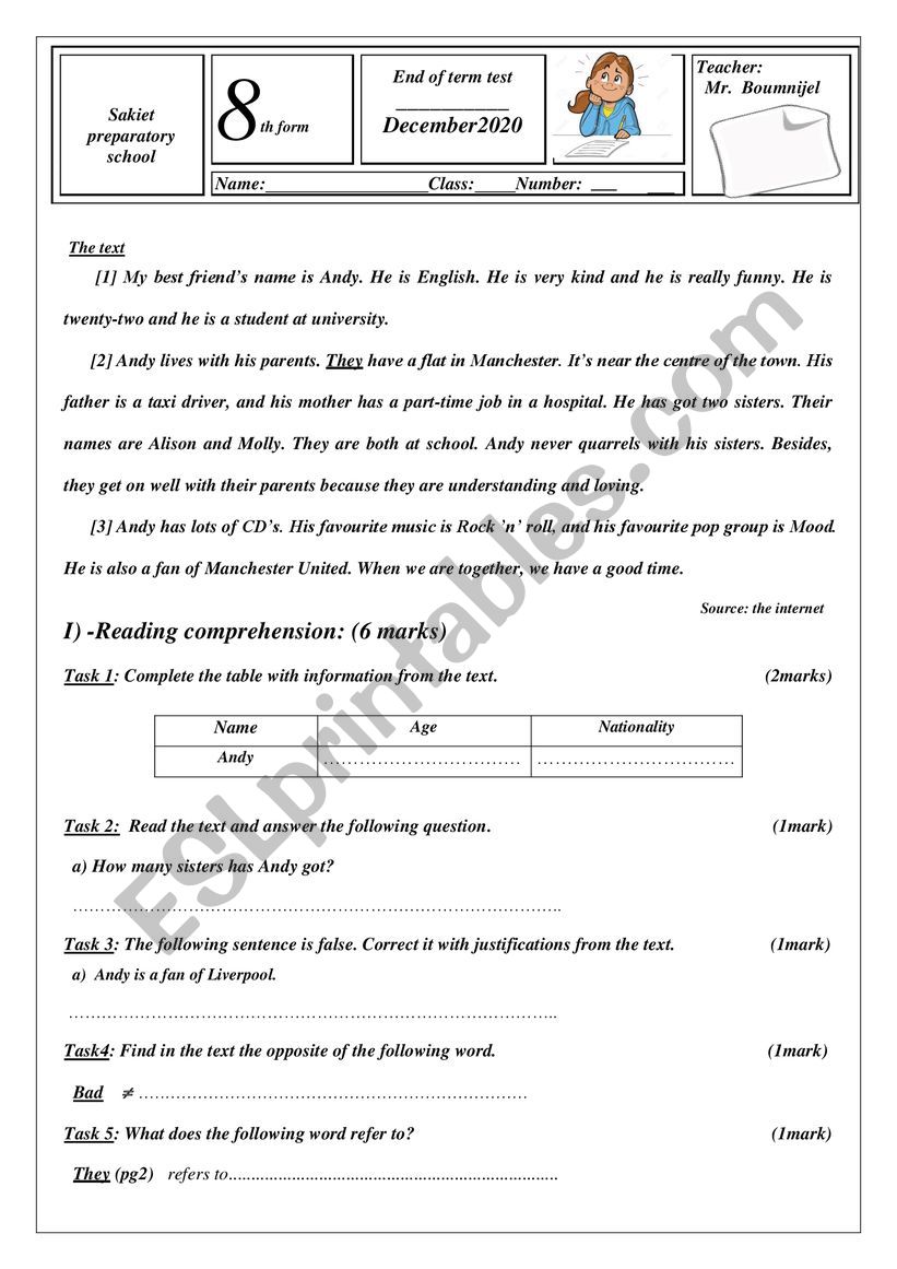 End of term I test 8th form worksheet