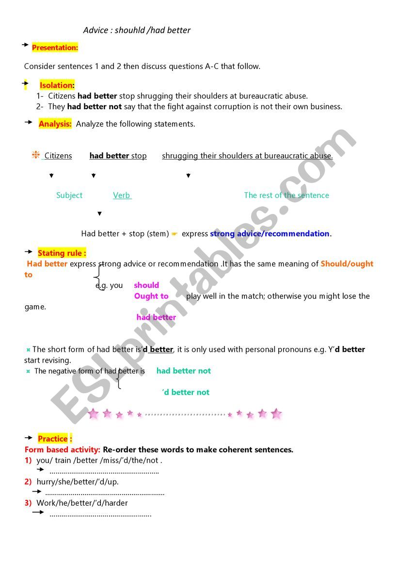 Advice  : should / had better worksheet