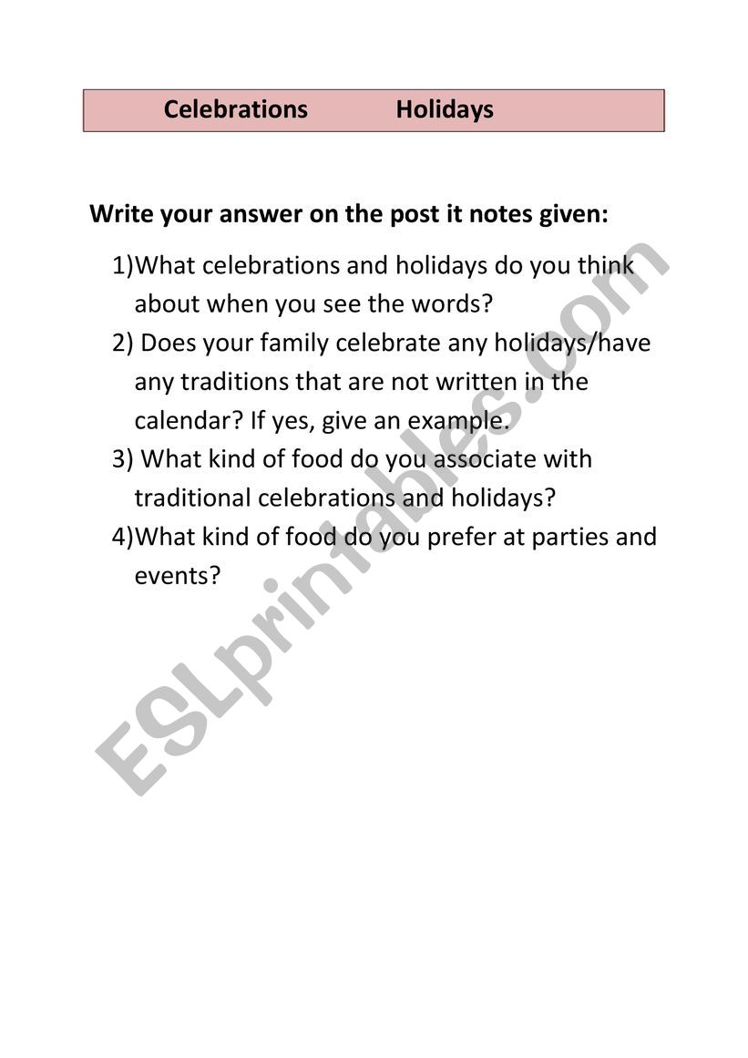 Holidays and traditions worksheet