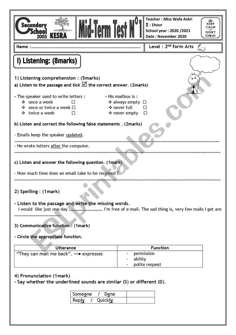 Mid-term test 1 2nd form  worksheet