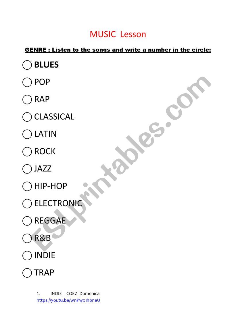Different genre of MUSIC worksheet