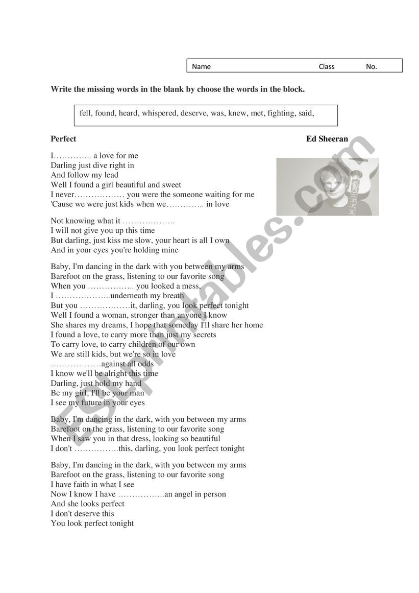 perfect song worksheet