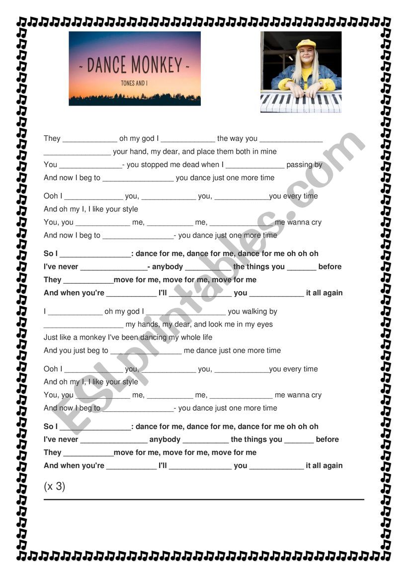 Dance Monkey (by Tones and I) worksheet