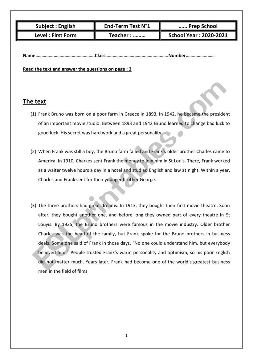 End of Term Test 1 worksheet