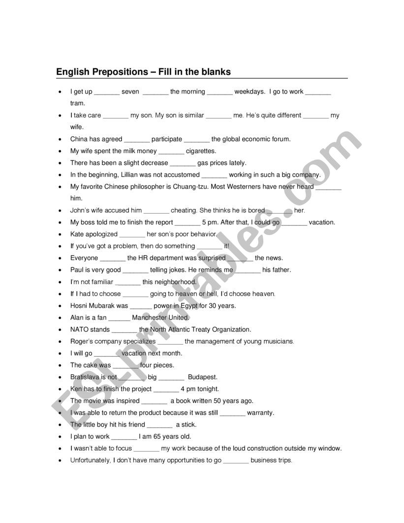 Prepositions Worksheet  worksheet