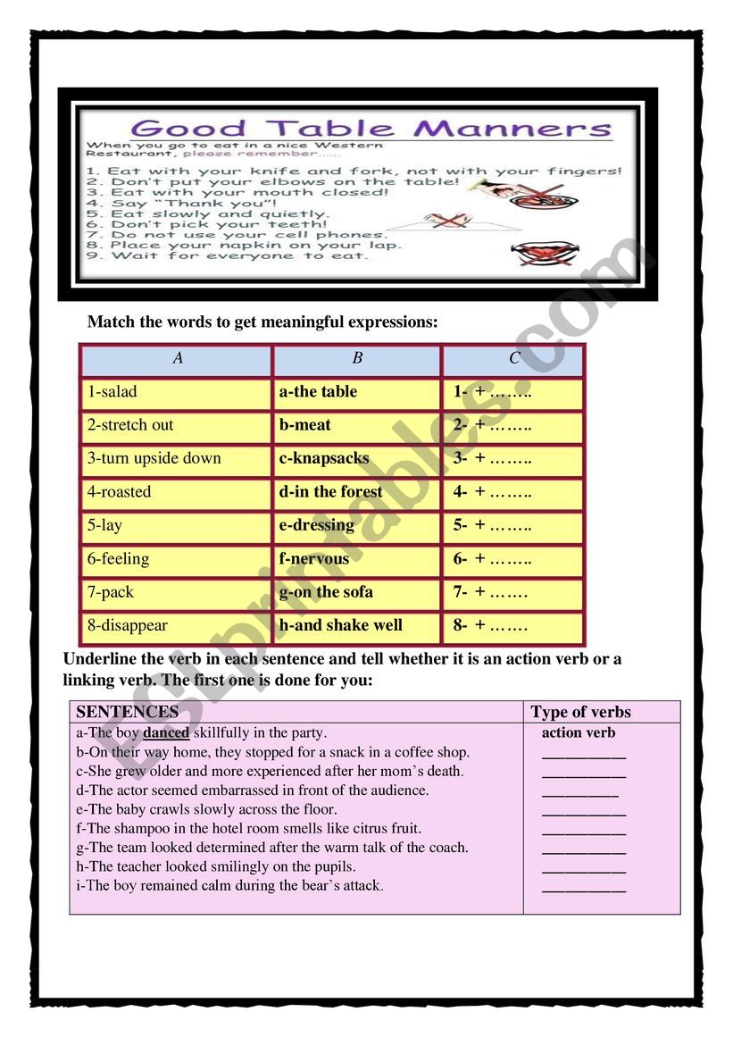 british table manners worksheet