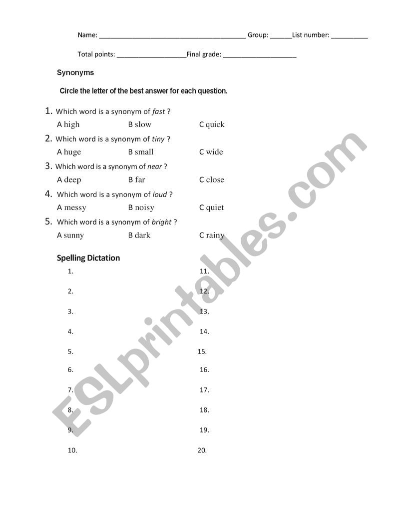 Phonics, Vocabulary and spelling test 