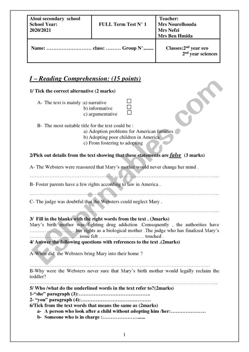 end of term test1 for 2form worksheet