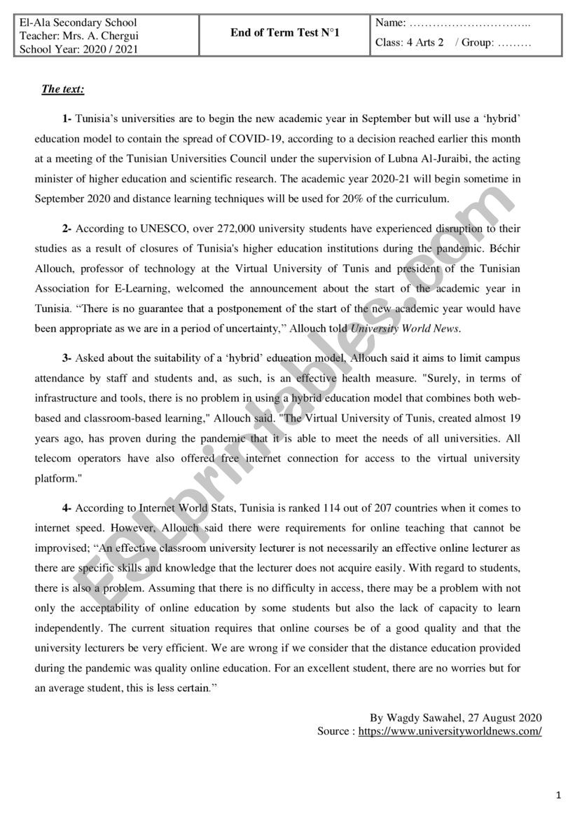End of term test 1  worksheet