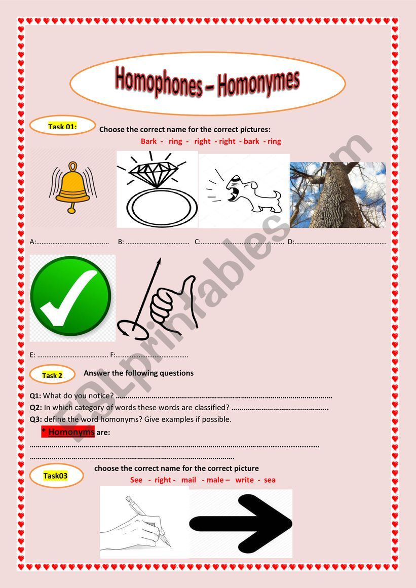 HOMONYMS AND HOMOPHONES worksheet