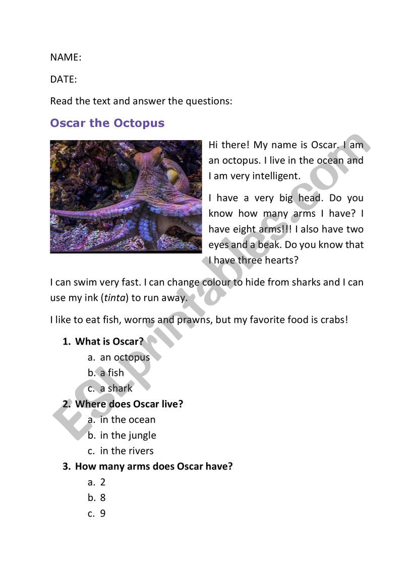 oscar the octopus worksheet