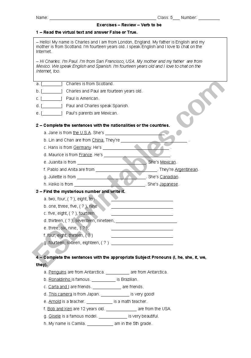 Exercises -  Review   worksheet