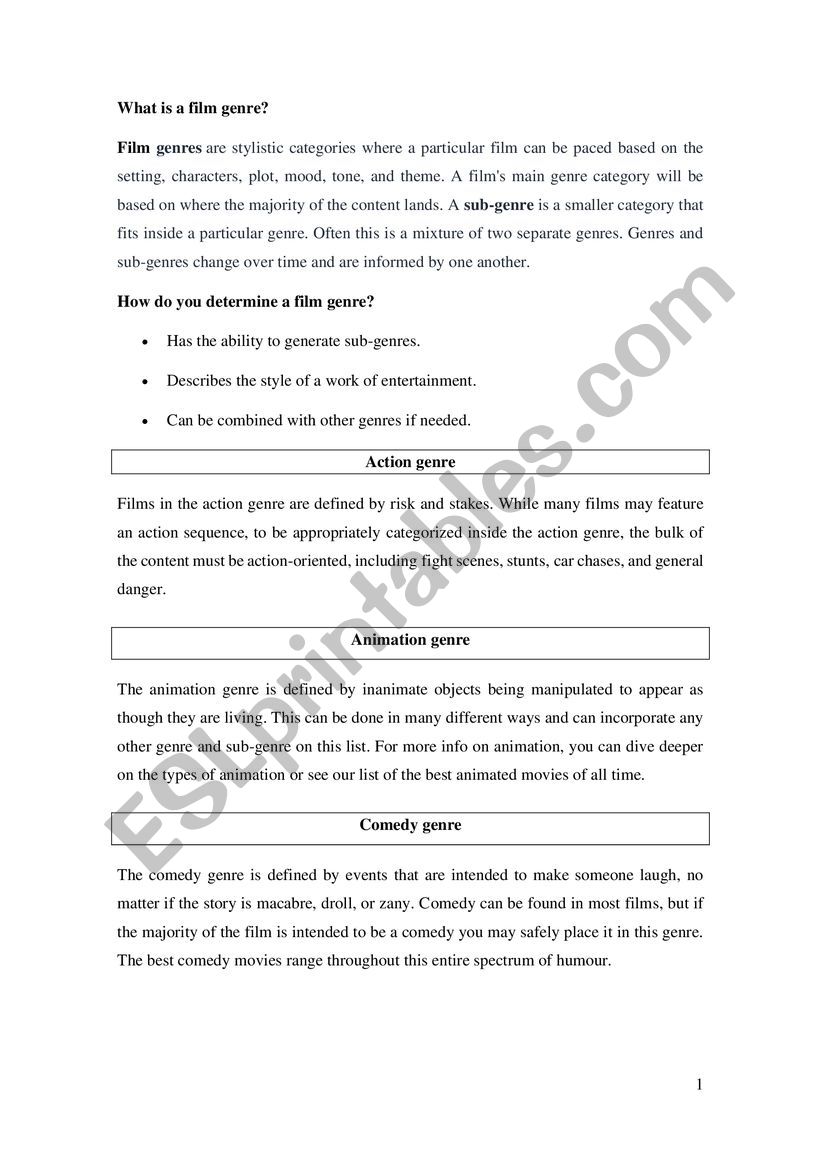 Film genres worksheet