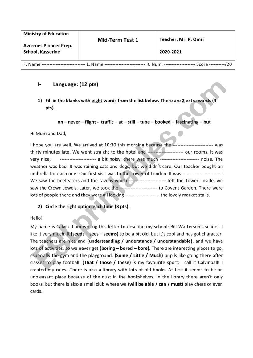 Mid-Term Test worksheet