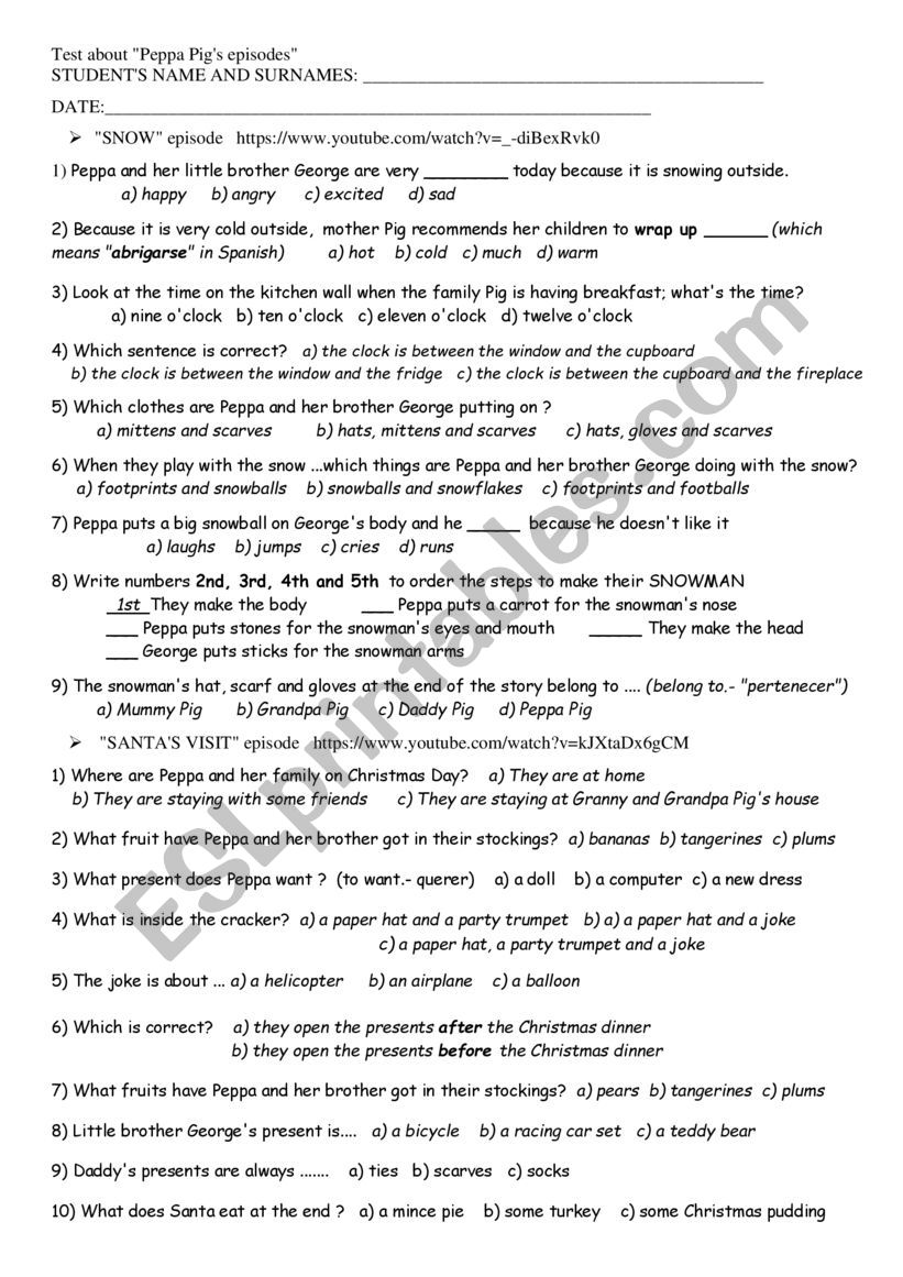 Test about two PEPPA PIG EPISODES