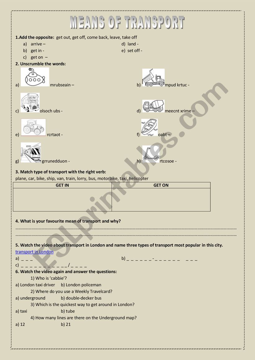 means of transport  worksheet