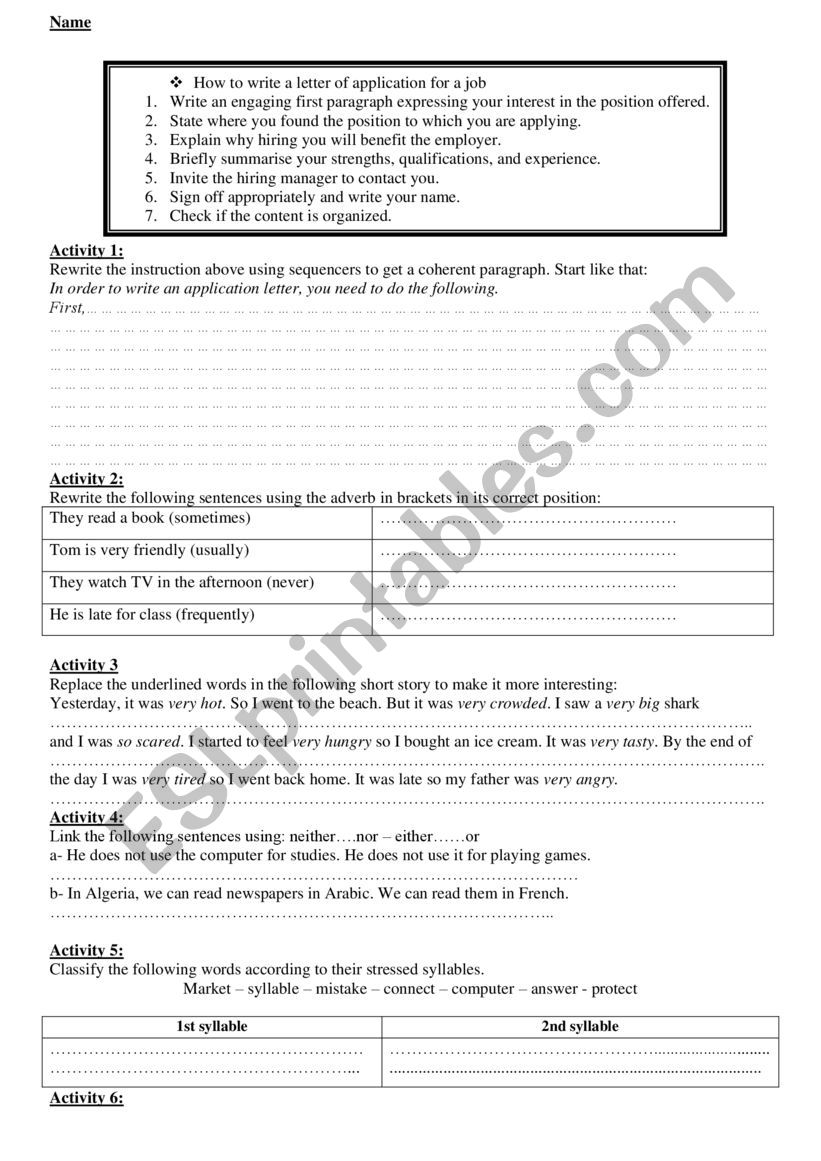 job application worksheet