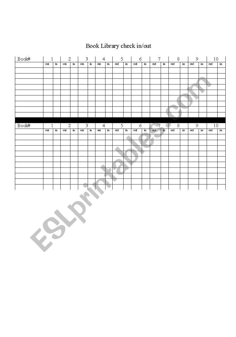 Book Check in/out list worksheet