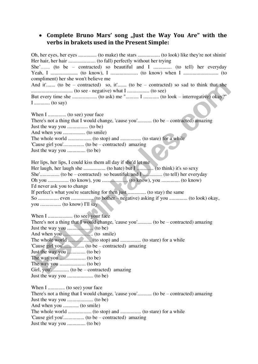 Present Simple - Bruno Mars worksheet