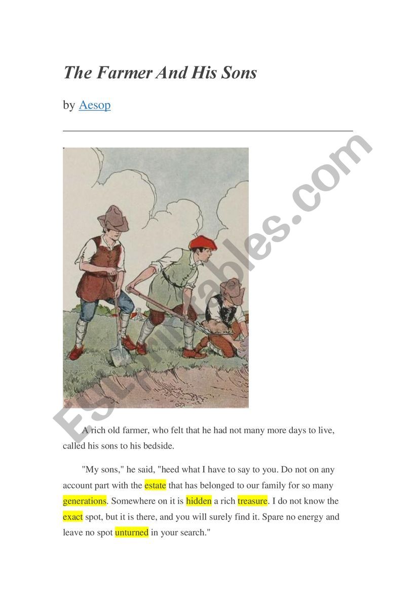 Reading exercise with Aesop�s Fable The Farmer and His Sons