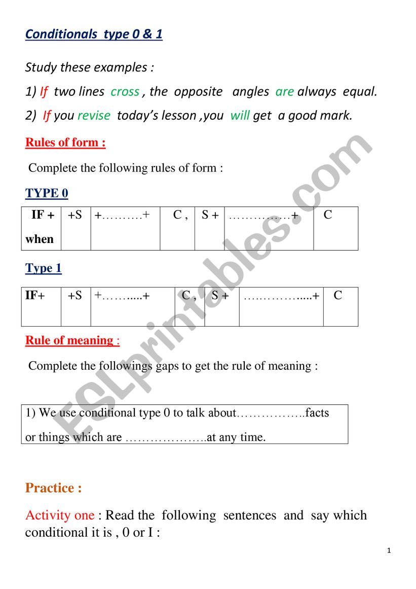 Conditionals type 0 and I worksheet
