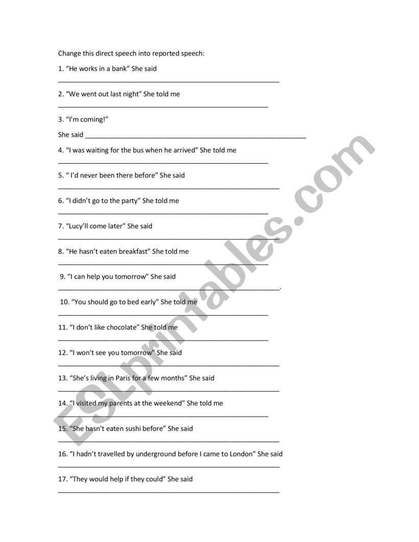 REPORTED SPEECH worksheet