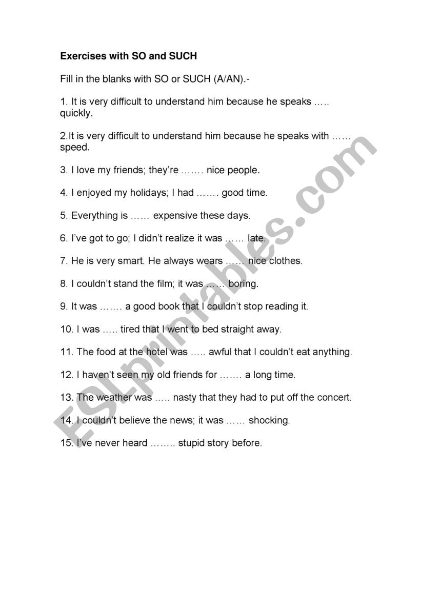 excersise with so and such worksheet