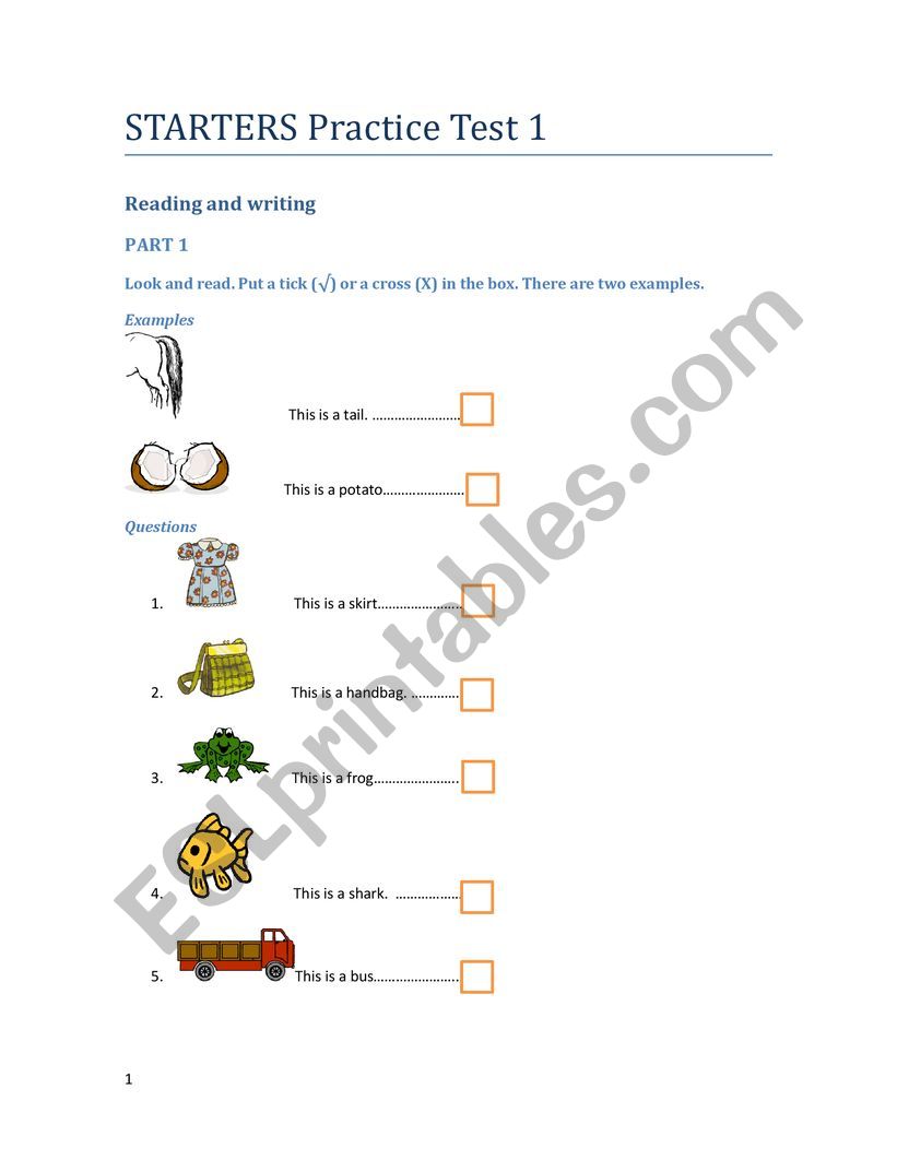 Starters test worksheet