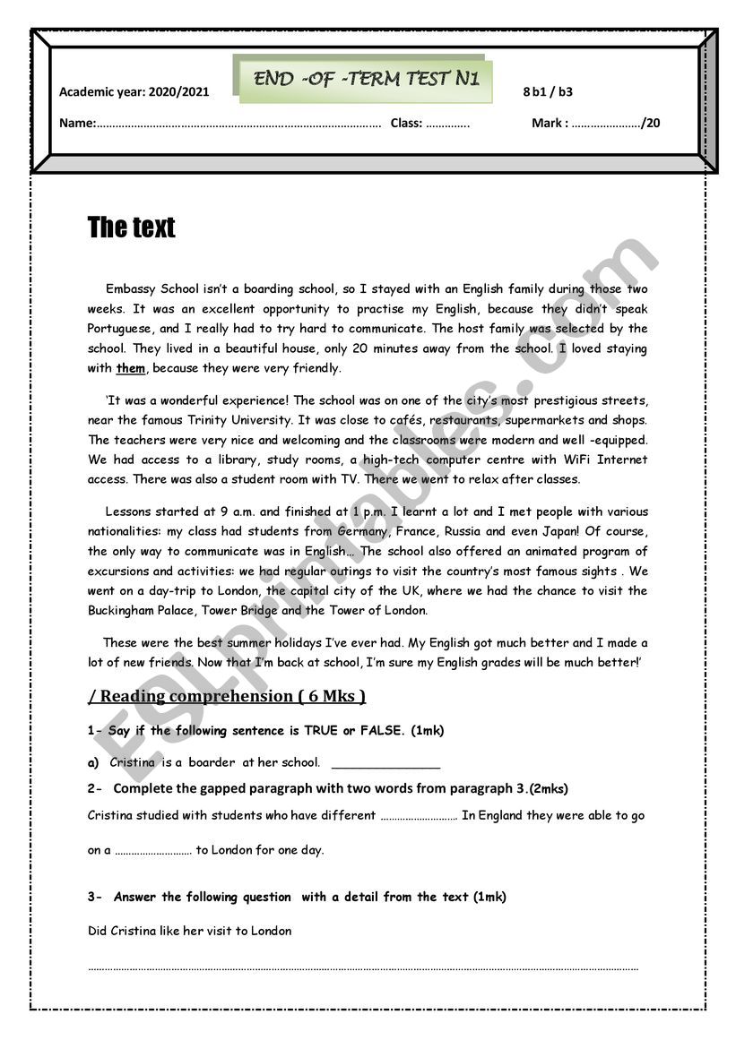 8th form full test 1 worksheet