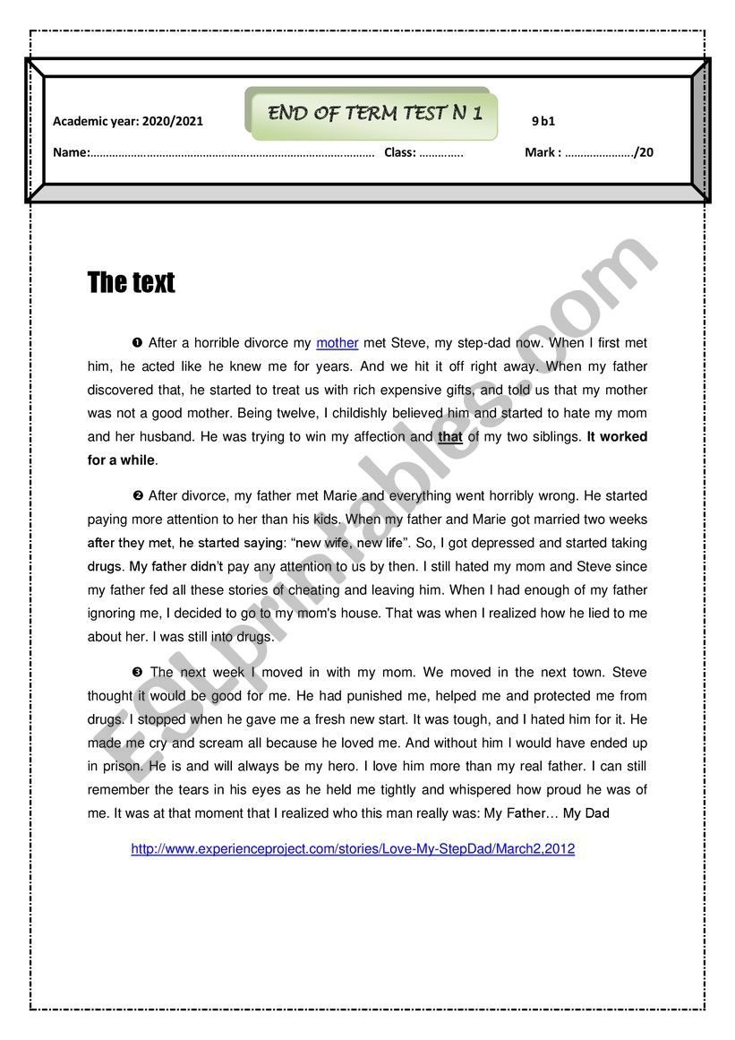 full test 1 9th form worksheet