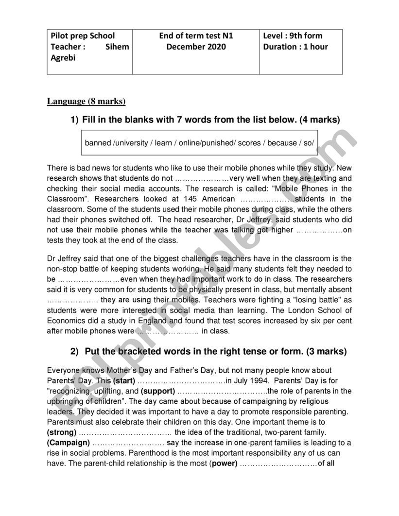 end of term 1 test 9th form  worksheet