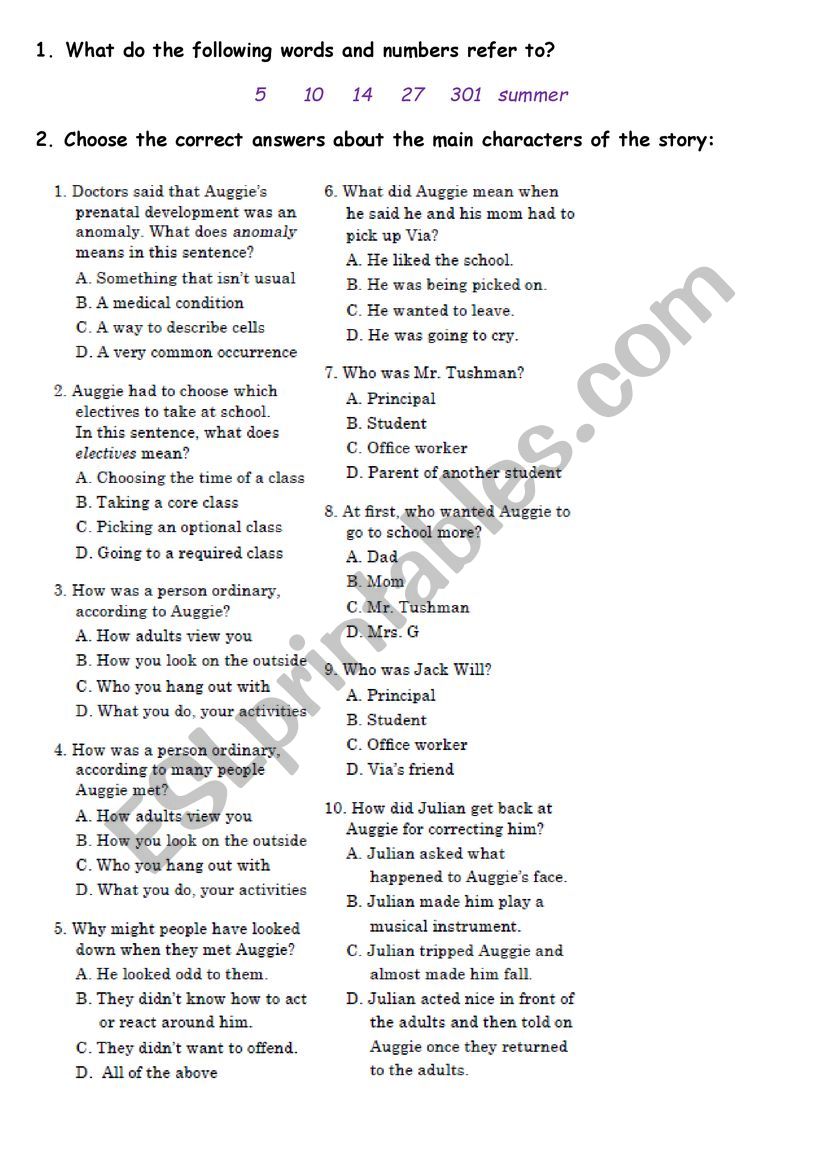 Wonder book review - ESL worksheet by Kizimka
