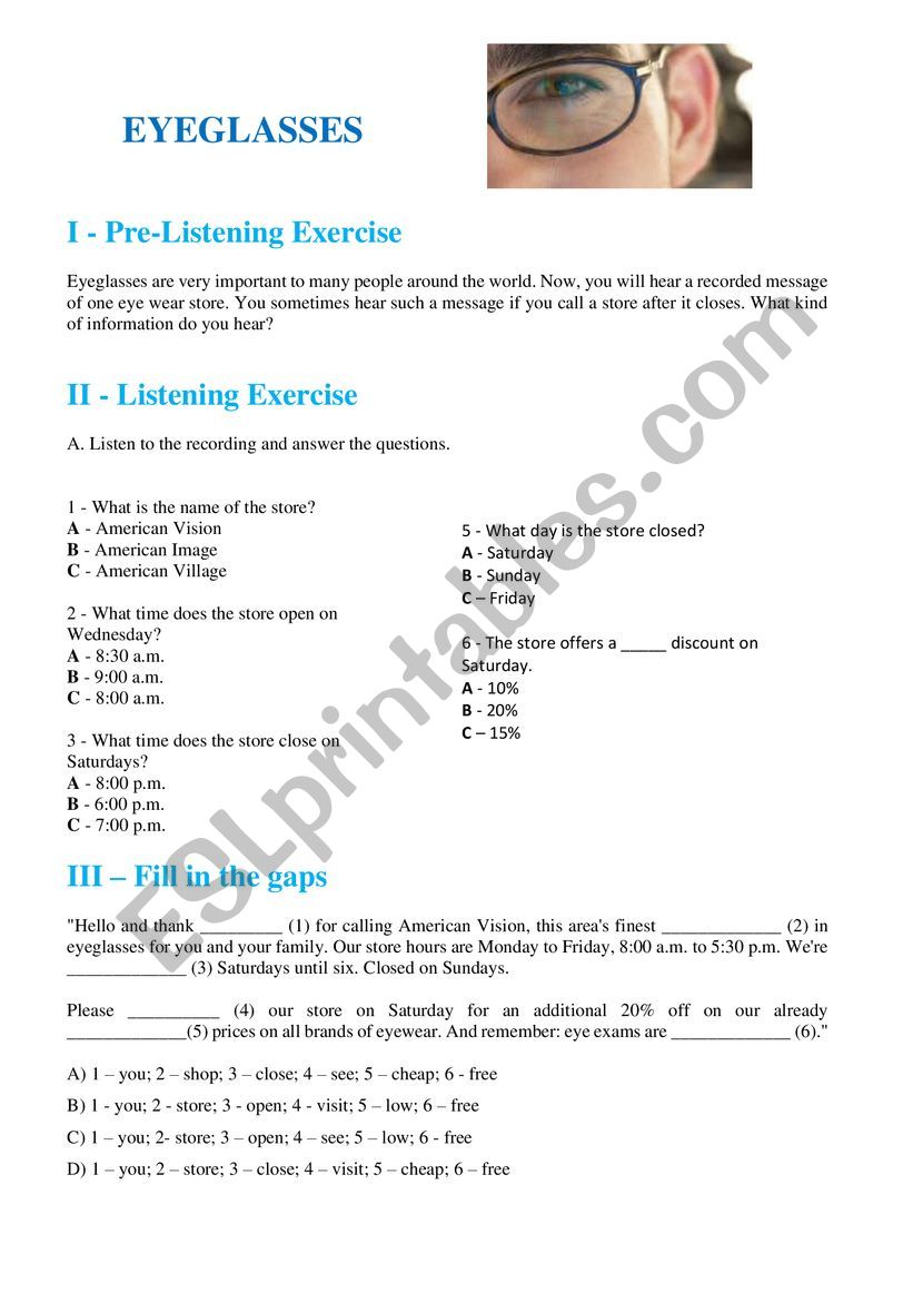 Eyeglasses - listening worksheet