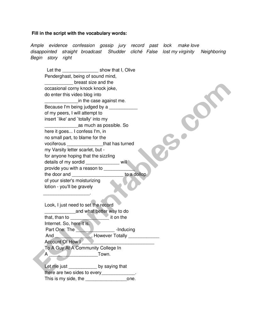 Easy A Fill-in-the-blanks worksheet