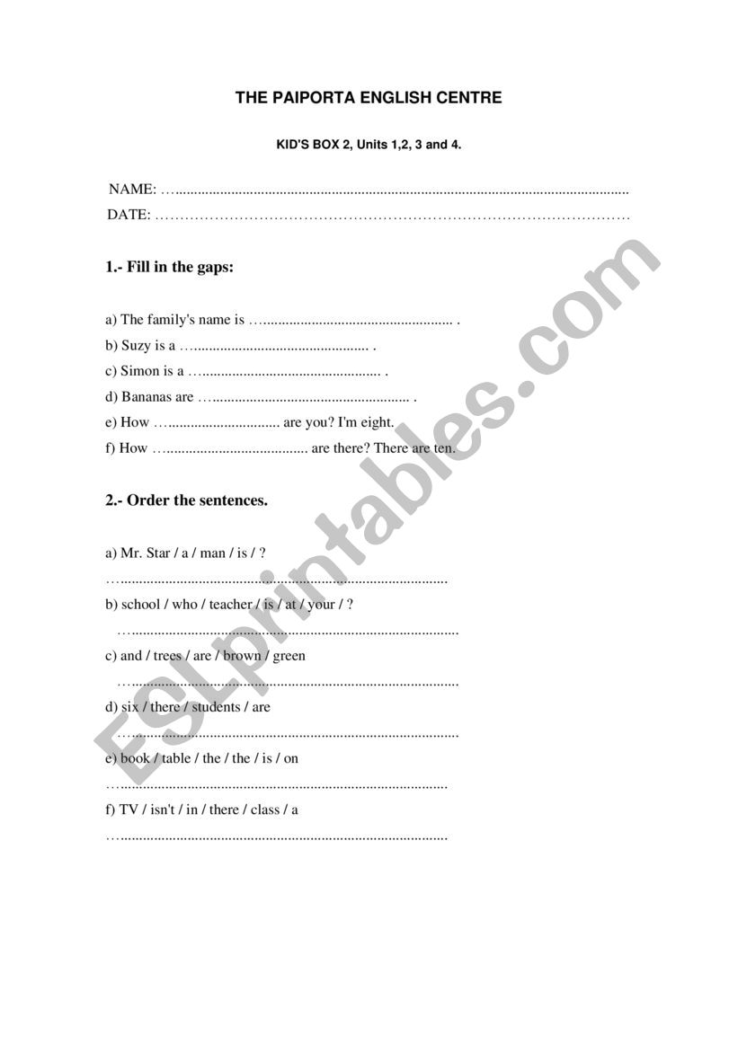 exam kid�s box 2 units 1/4 worksheet