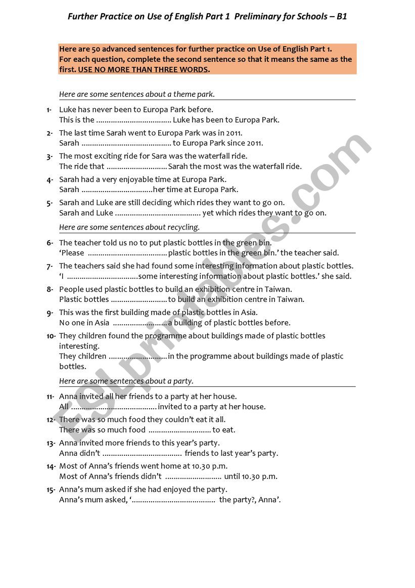 Sentence transformation exercises for pre-intermediate students (B1+)