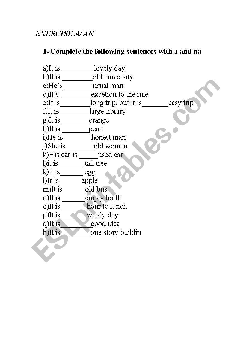 a  and an worksheet