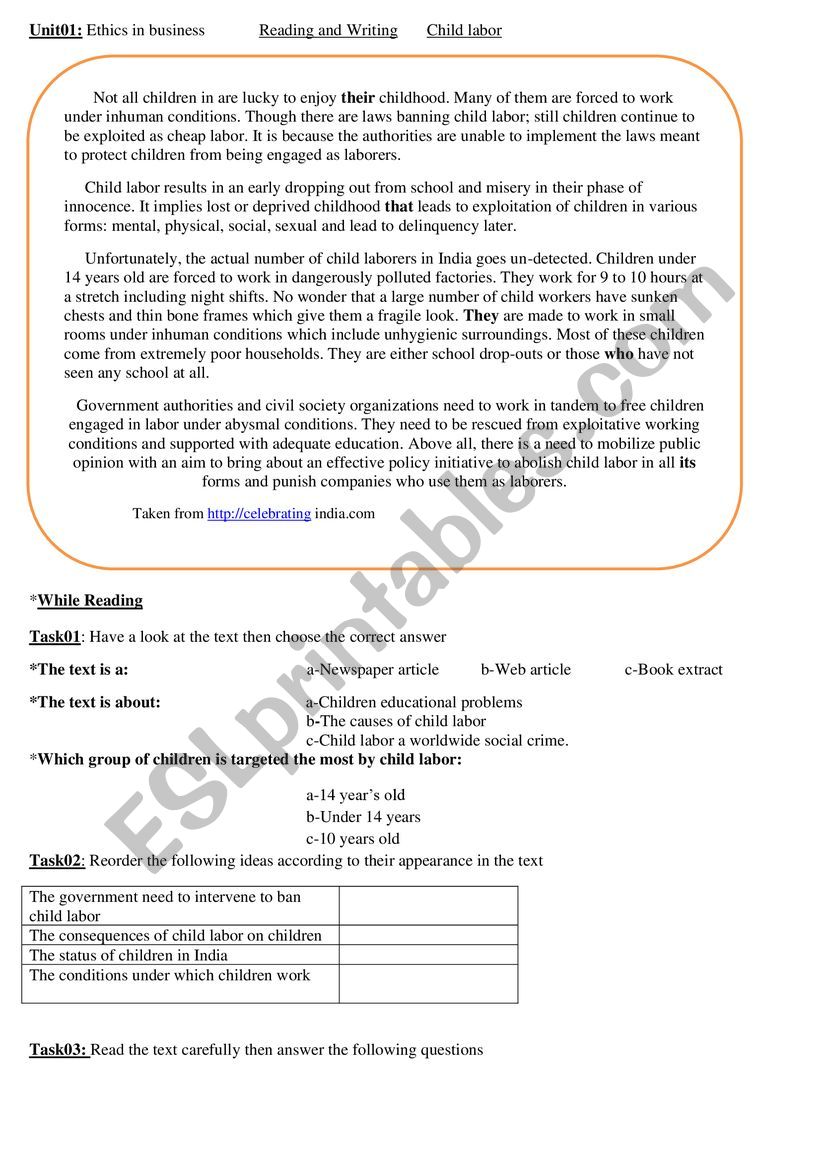 Child labor  worksheet