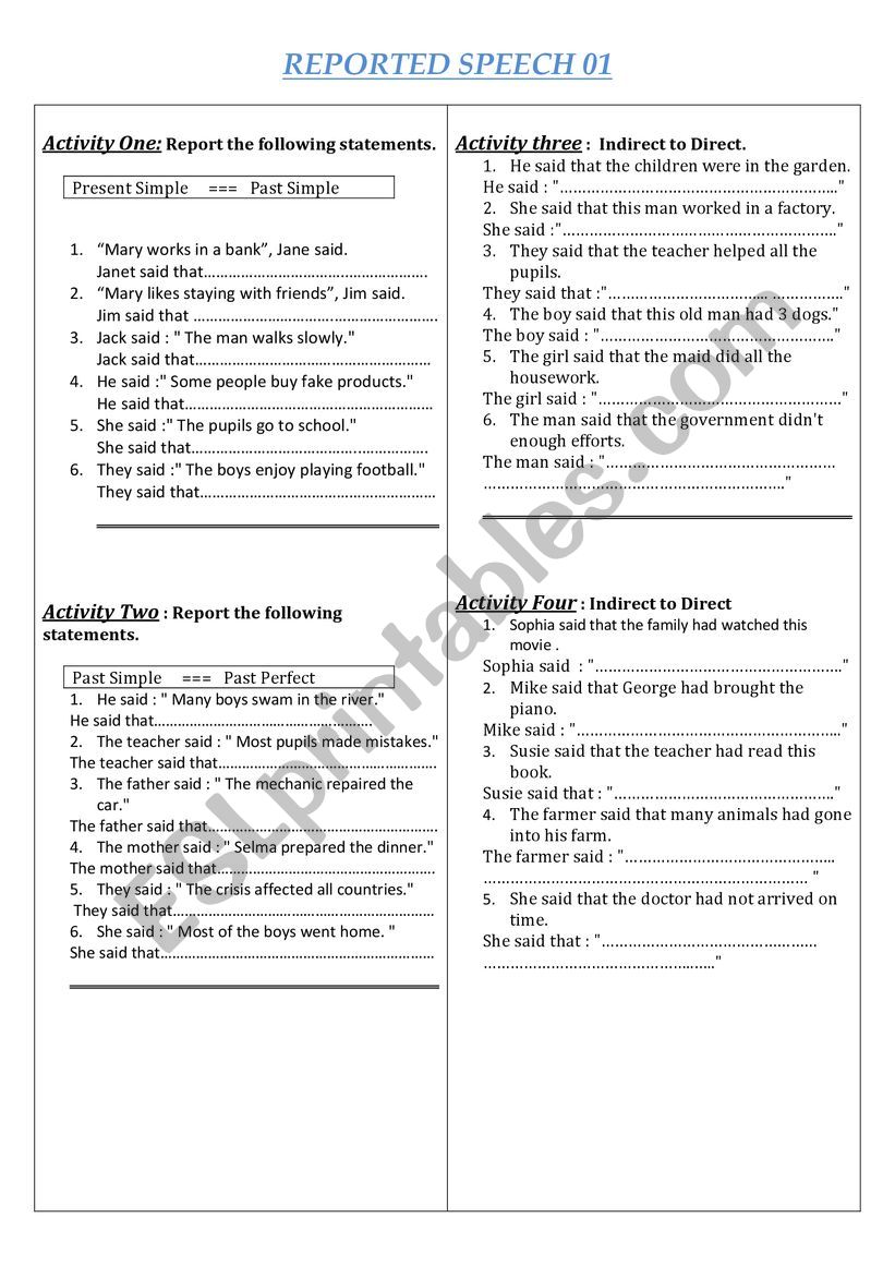 Reported Speech worksheet