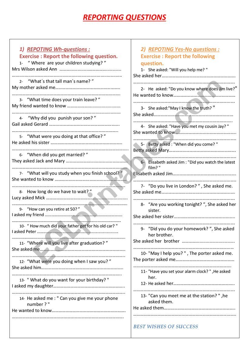 REPORTED SPEECH worksheet