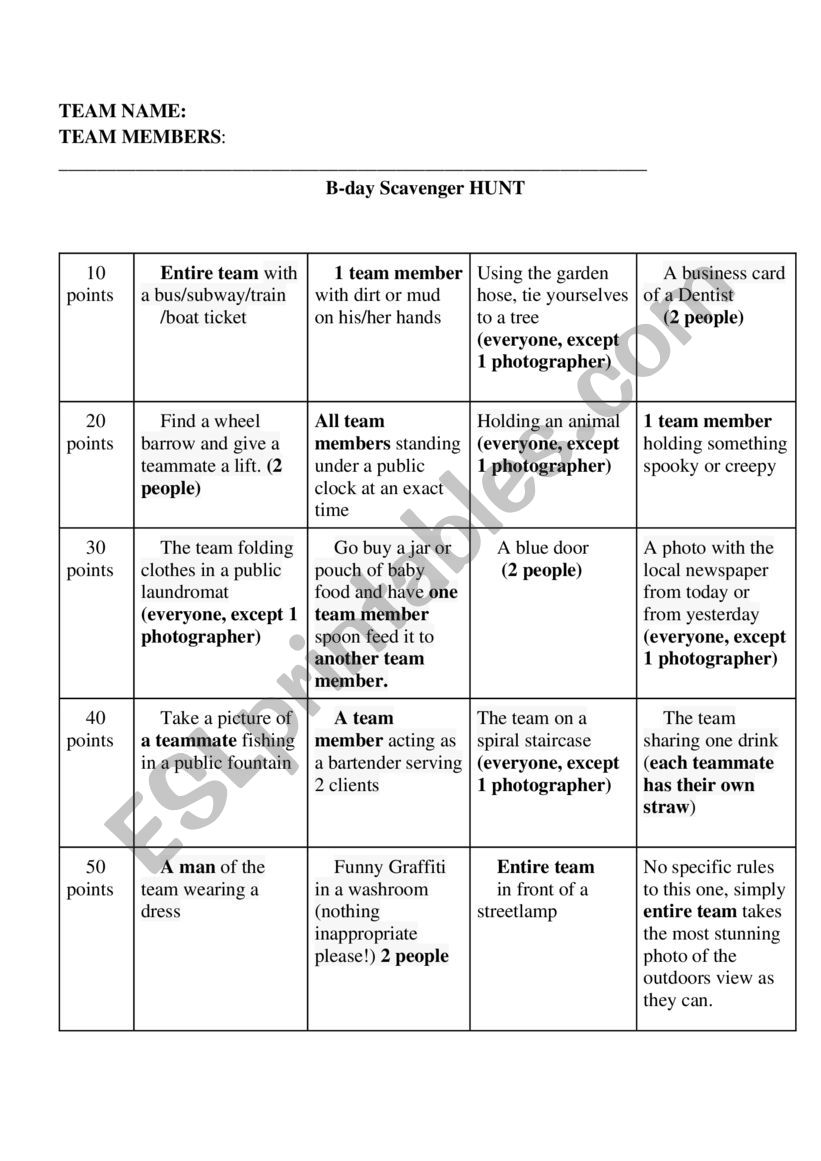 Scavenger Hunt worksheet