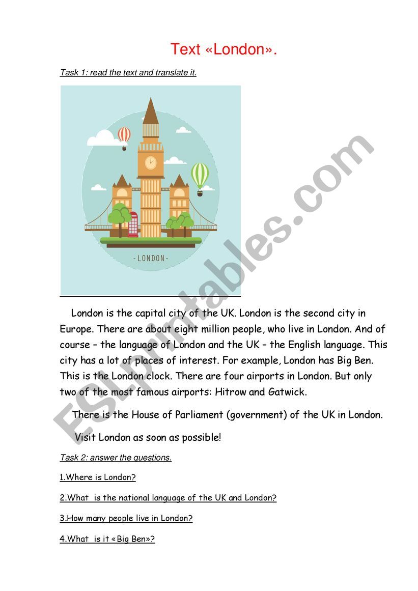 Text about London. worksheet