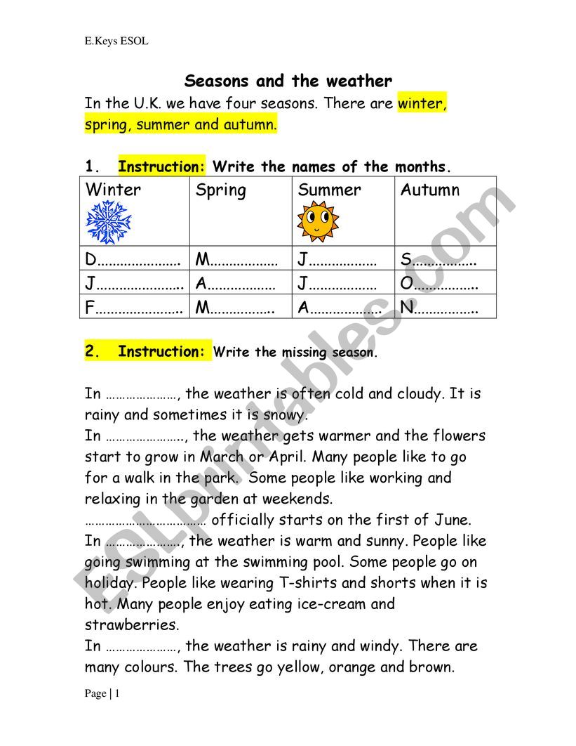 seaons and weather in the UK worksheet