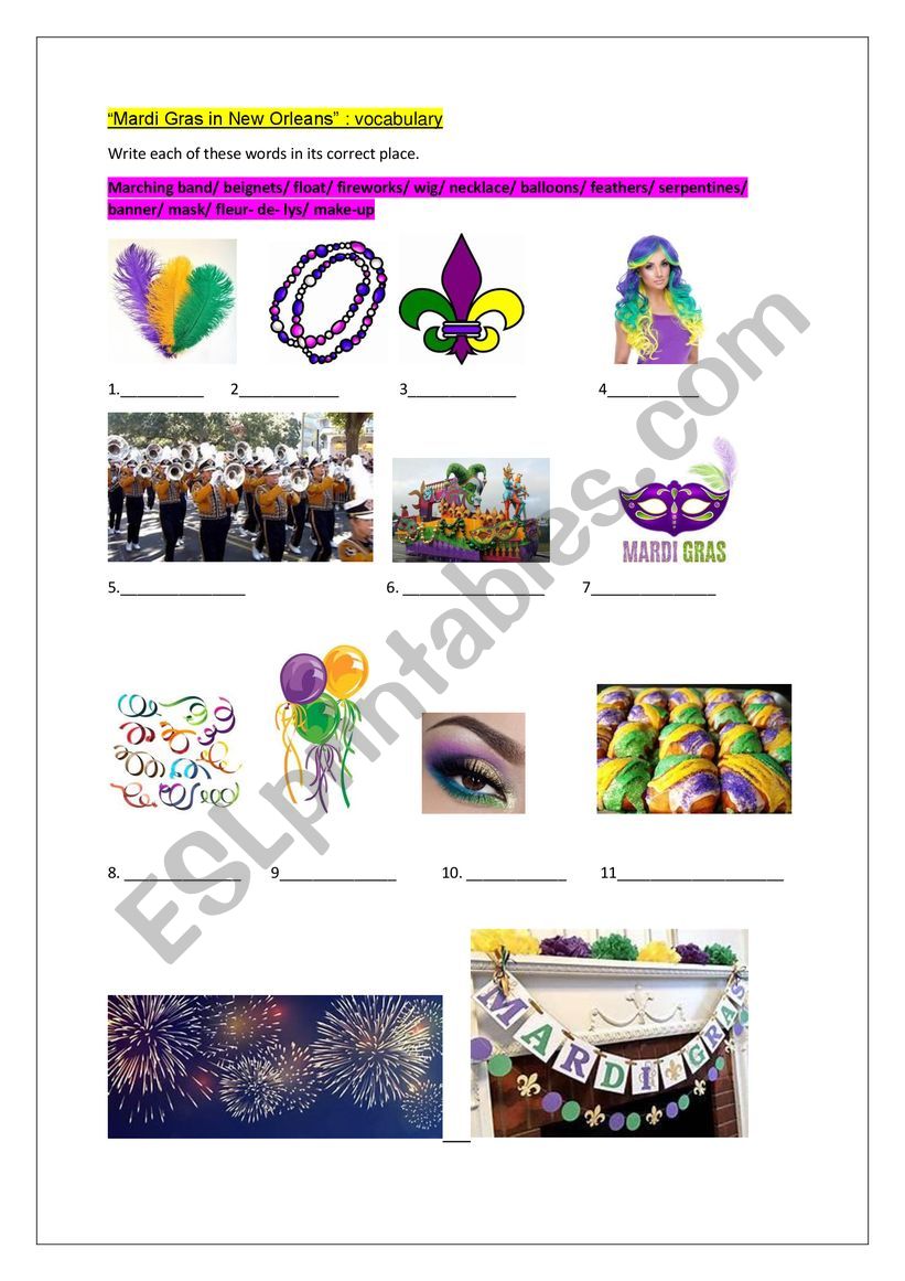 Mardi Gras in New Orleans  worksheet