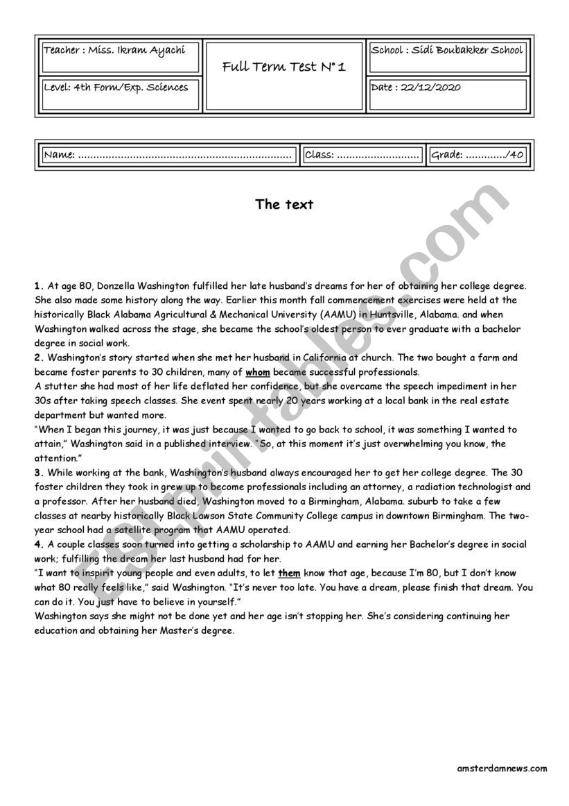 4th Form - Experimental Sciences - Full Term Test n 1