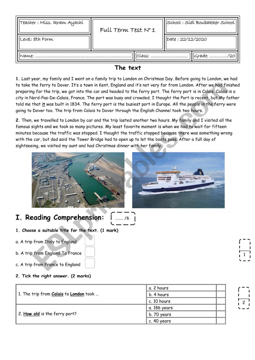 8th Grade - Full Term Test 1 worksheet