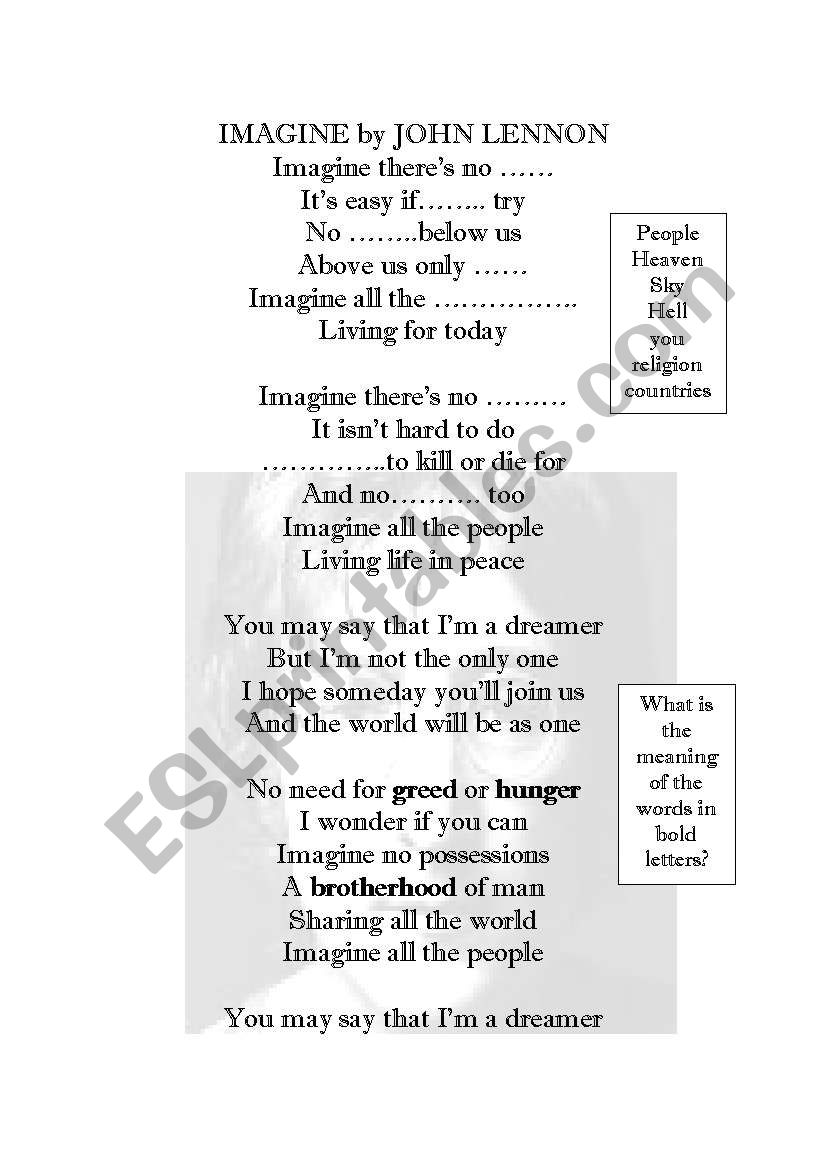 Song IMAGINE by John Lennon worksheet