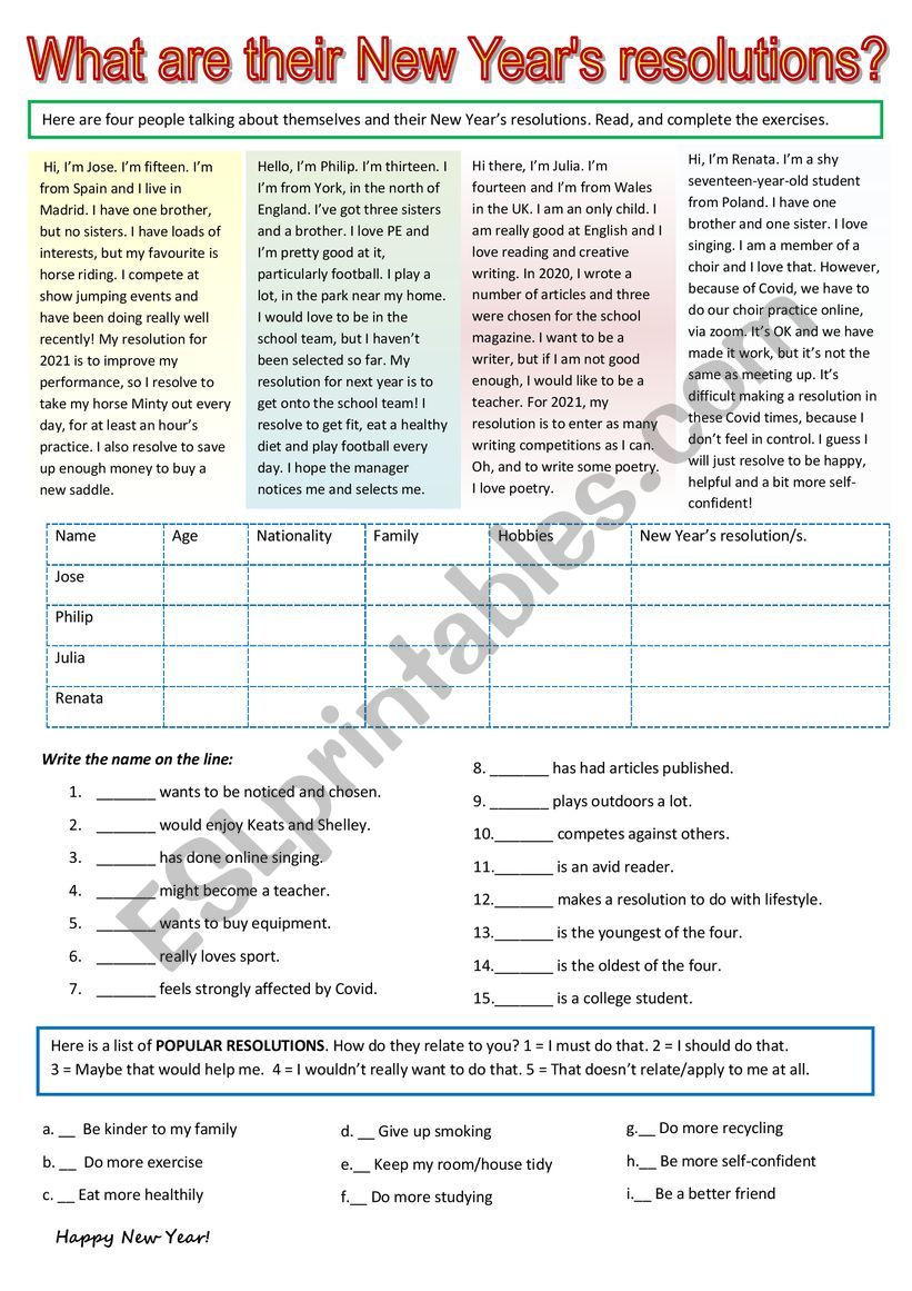 New Year�s Resolutions  worksheet