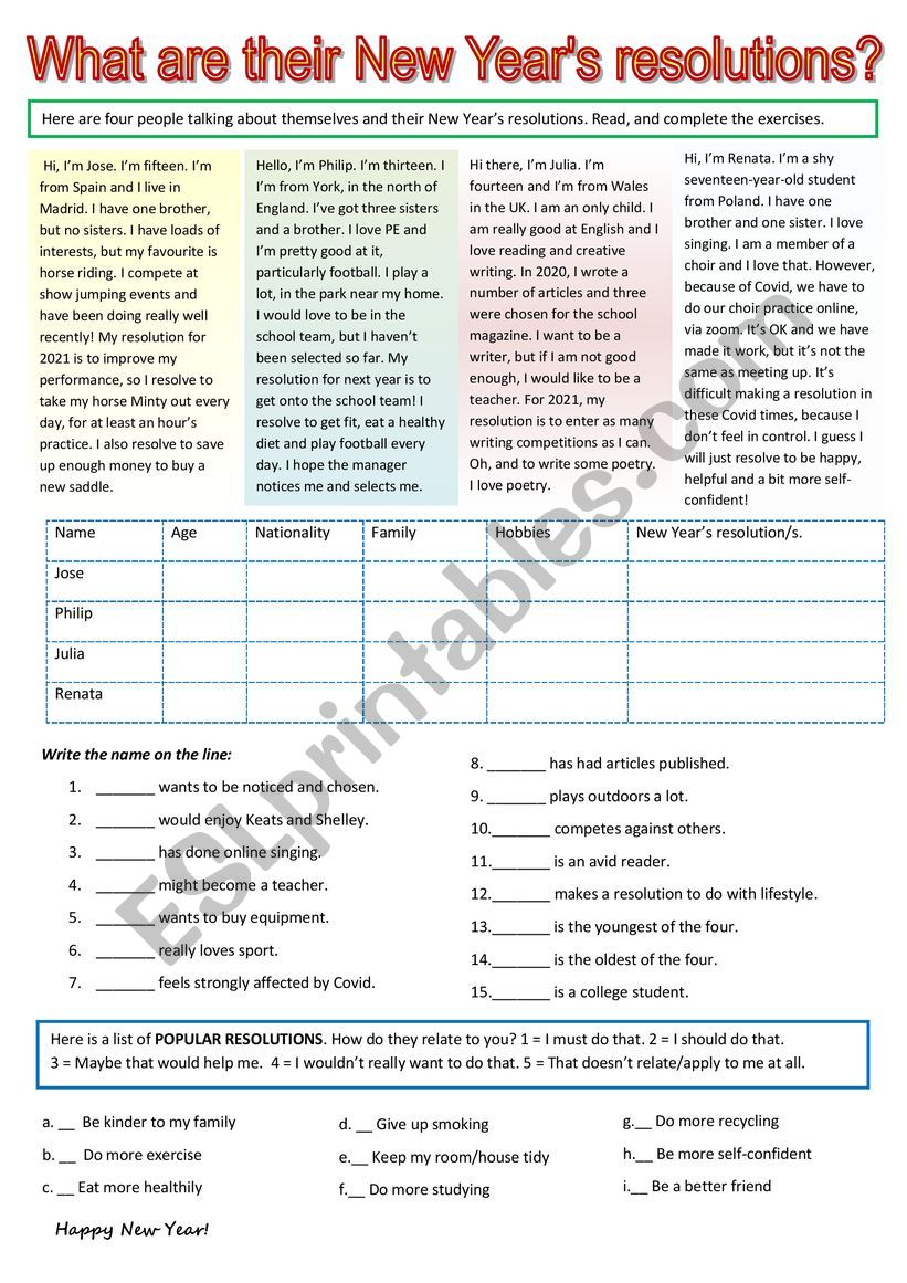 New Year�s Resolutions  worksheet